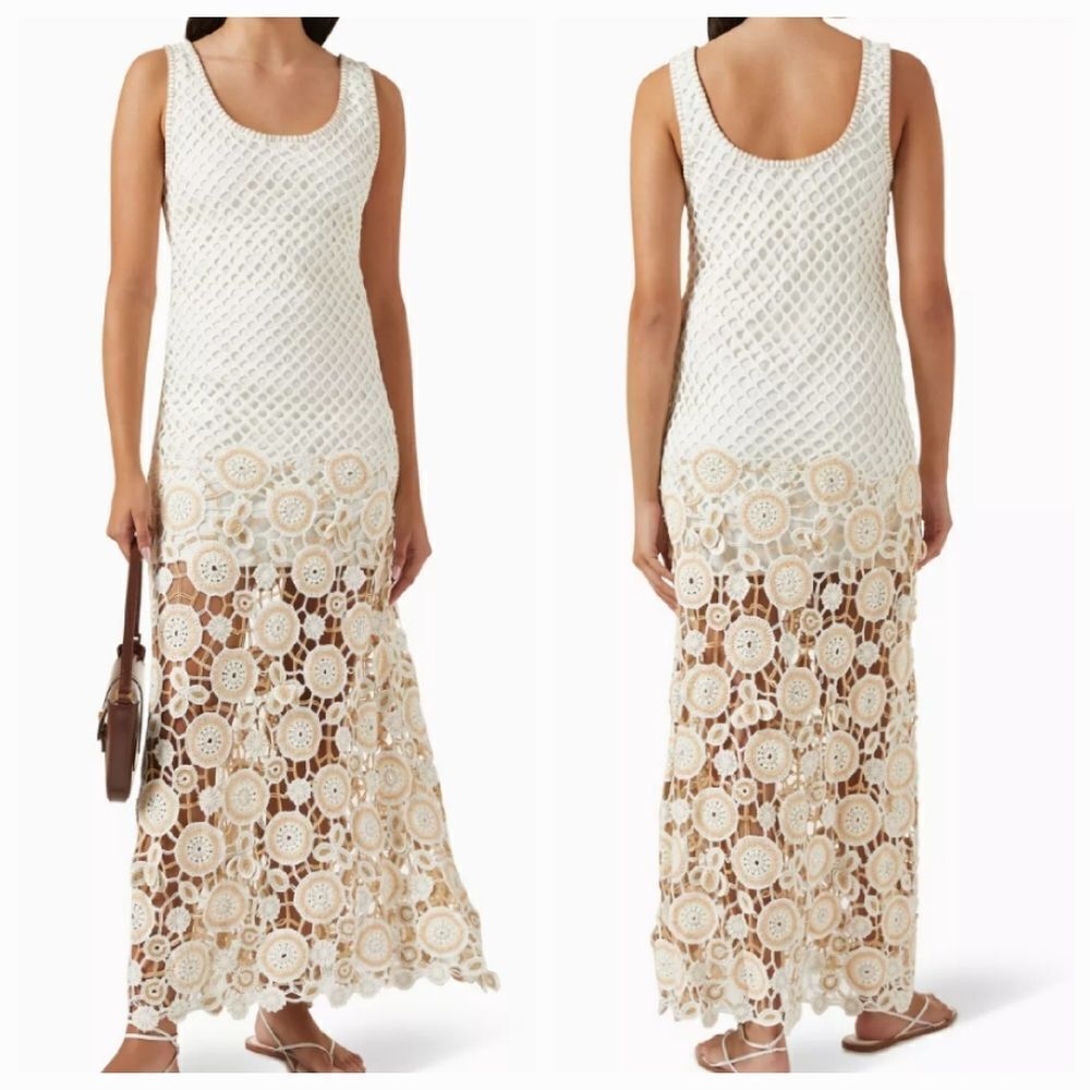 Jonathan Simkhai Samilla Wome nude cream Embroidered Crochet Midi Dress Size 8